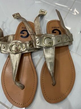 Guess Metallic Gold T‑Strap Sandals